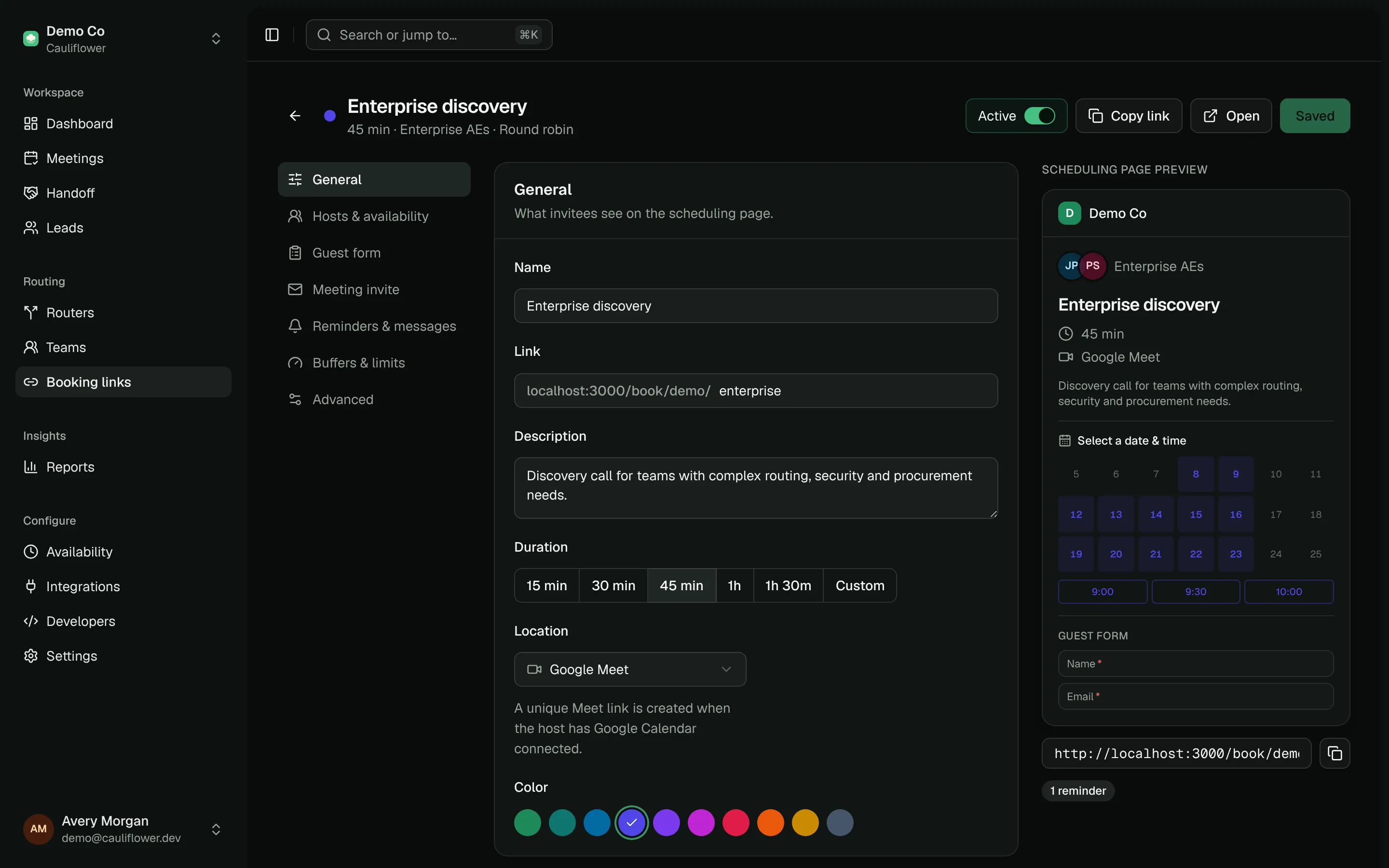 The meeting type editor with sections on the left and a scheduling page preview on the right