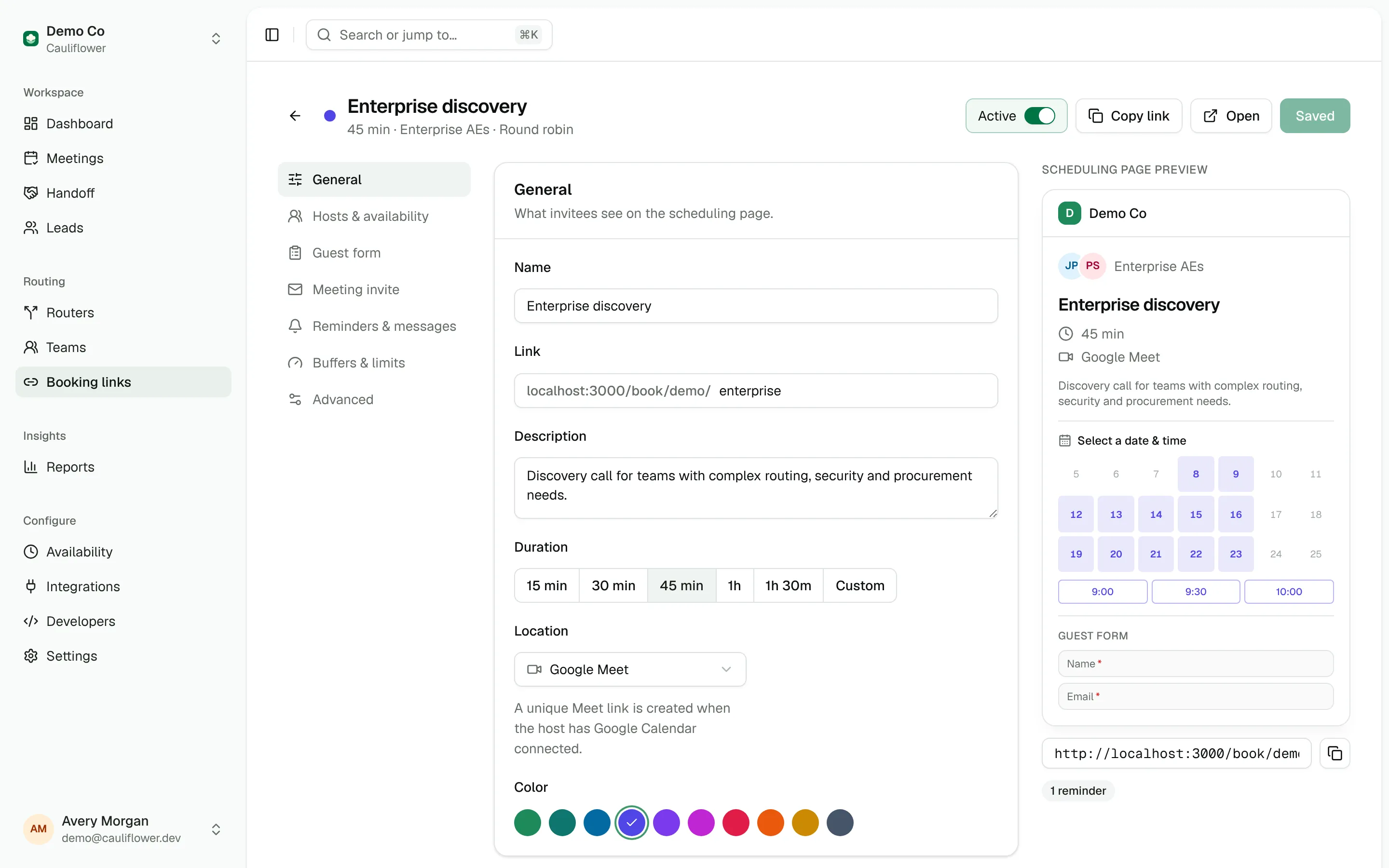 The meeting type editor with sections on the left and a scheduling page preview on the right