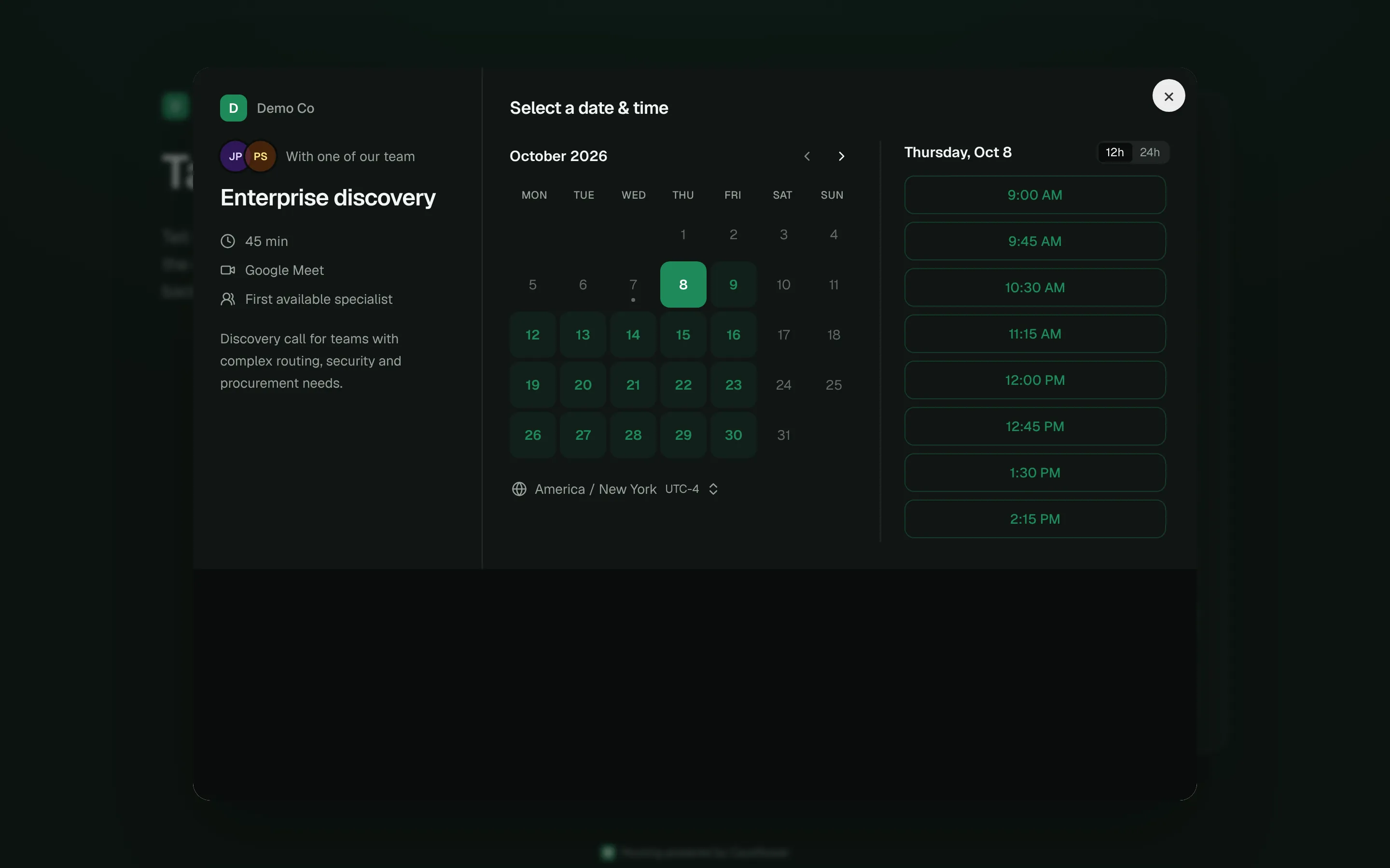 A website form with the booking calendar open in a modal over the page