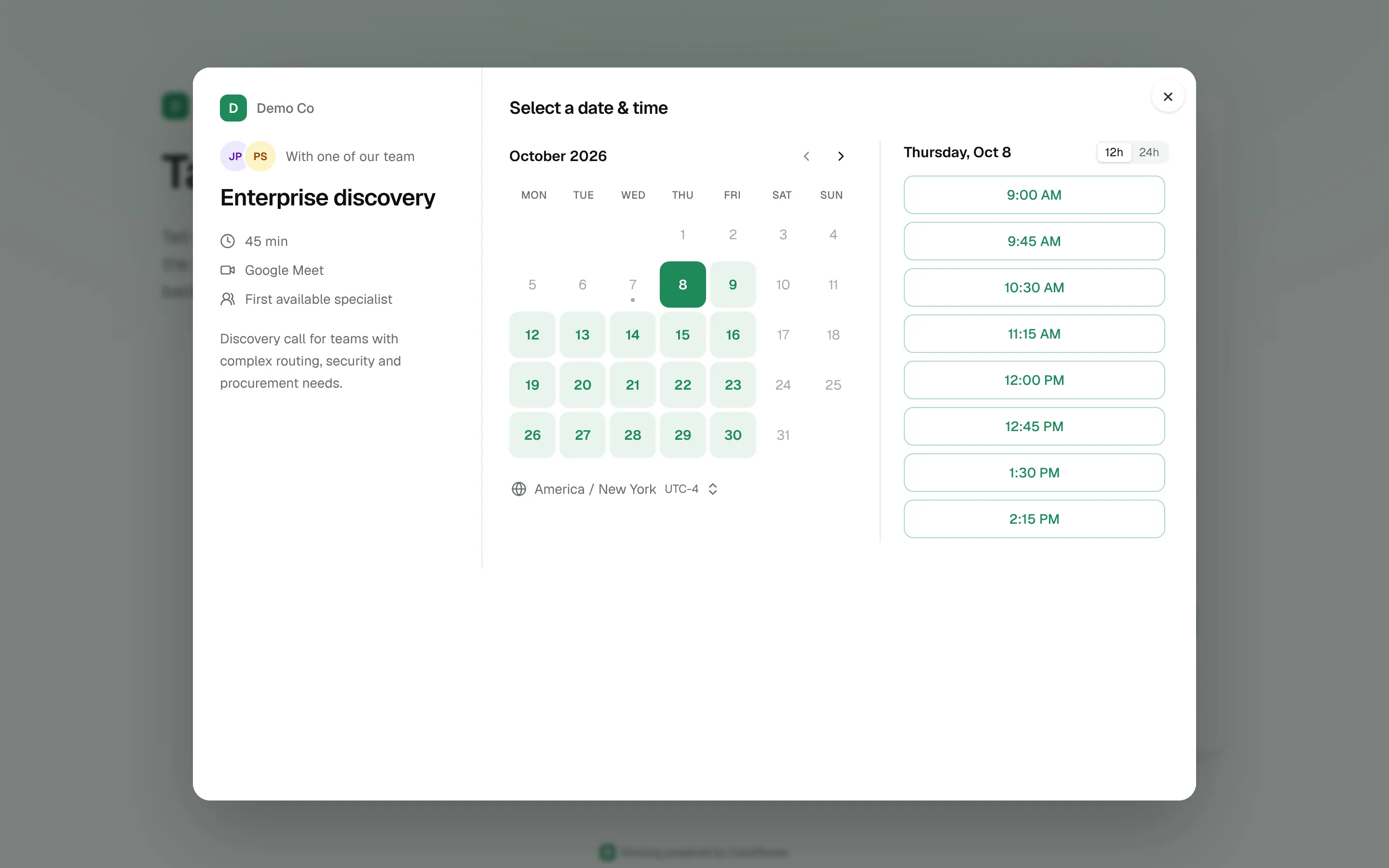 A website form with the booking calendar open in a modal over the page